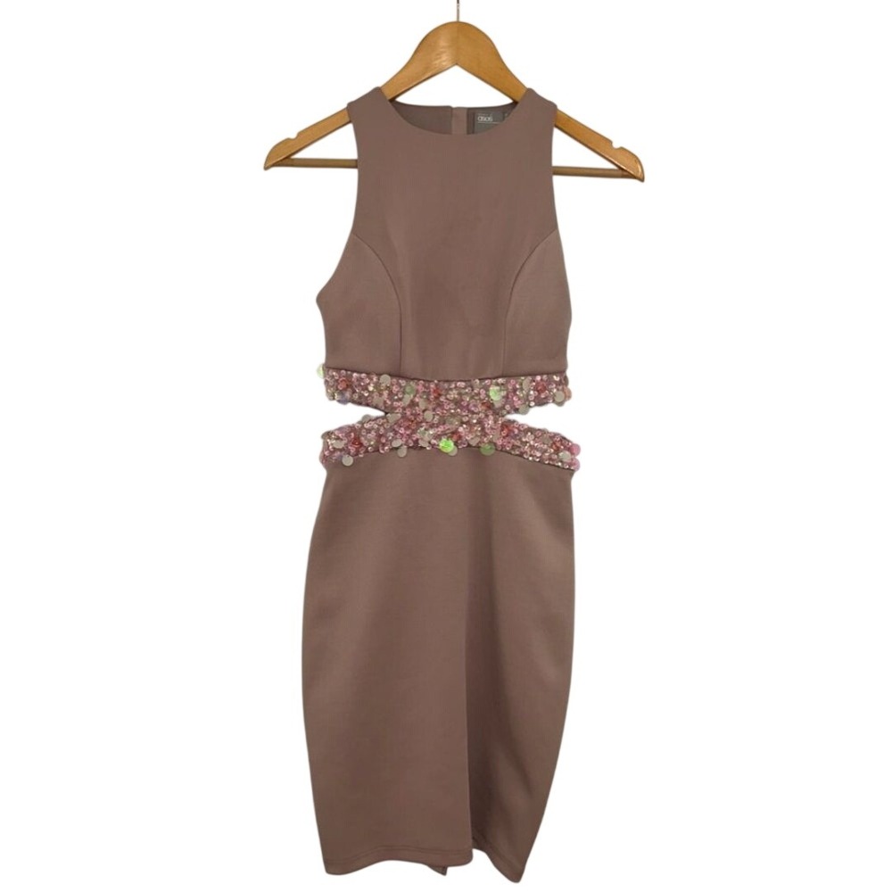ASOS Women's Embellished Waist Midi Bodycon Dress Dusky Pink CutOut Sides Size 2